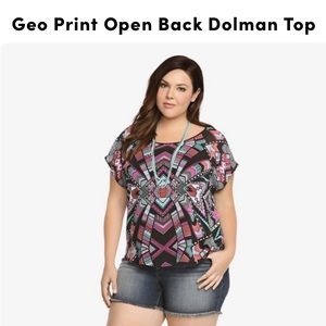 Torrid Size 2 Geo Print Open back Dolman Top